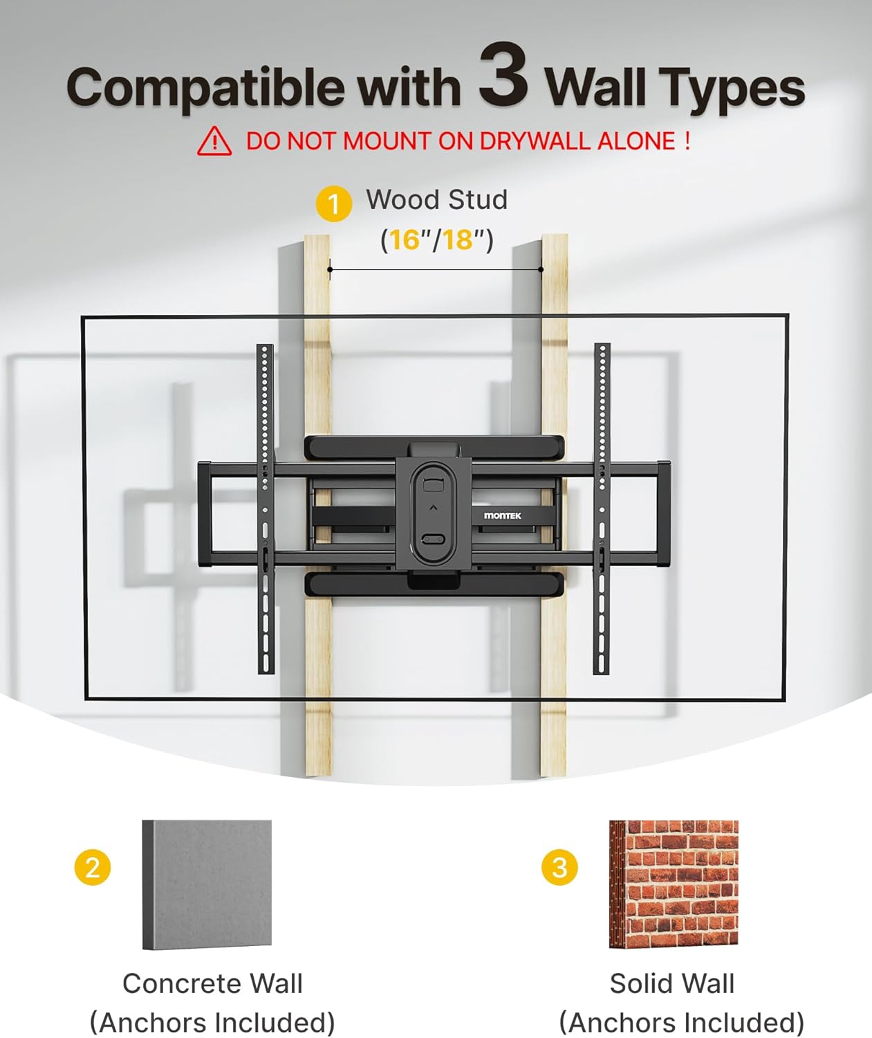 monTEK Heavy Duty Full Motion TV Wall Mount for 43–100 Inch TVs Pre-Assembled Bracket with Tool-Free Tilt Swivel & Extension Max VESA 800x600, 150lbs 4X Strength Tested Fits 16/18 Inch Studs